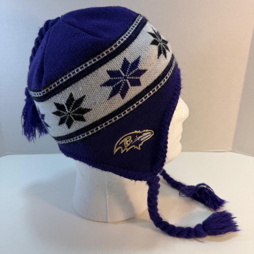 Baltimore Ravens Beanie Youth OS NFL Team Apparel Purple Snowflake Earflap‎ Hat